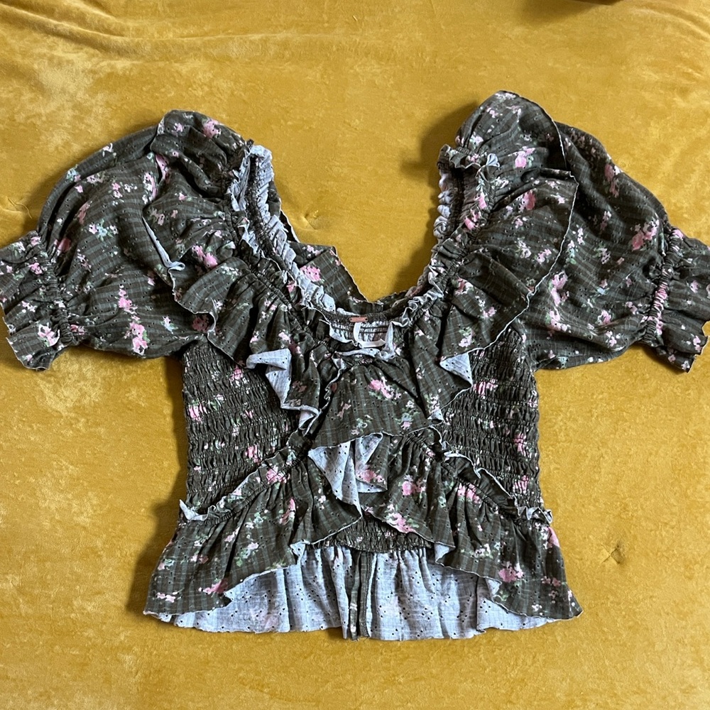 Free People Floral Ruffle Blouse - Olive and Pink